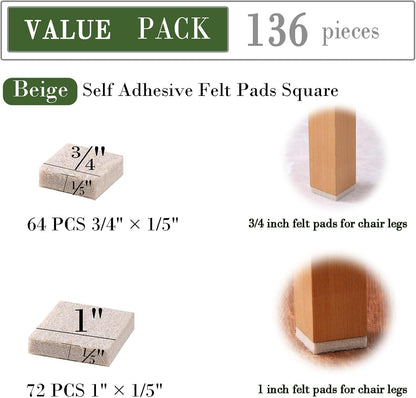 Fursafe&Q Felt Furniture Pads for Hardwood Floors - Self Adhesive Chair Felt Pad, Furniture Feet Floor Protectors, Furniture Sliders Protect from Nicks and dents, Anti Scratch 136 Pcs Beige Square