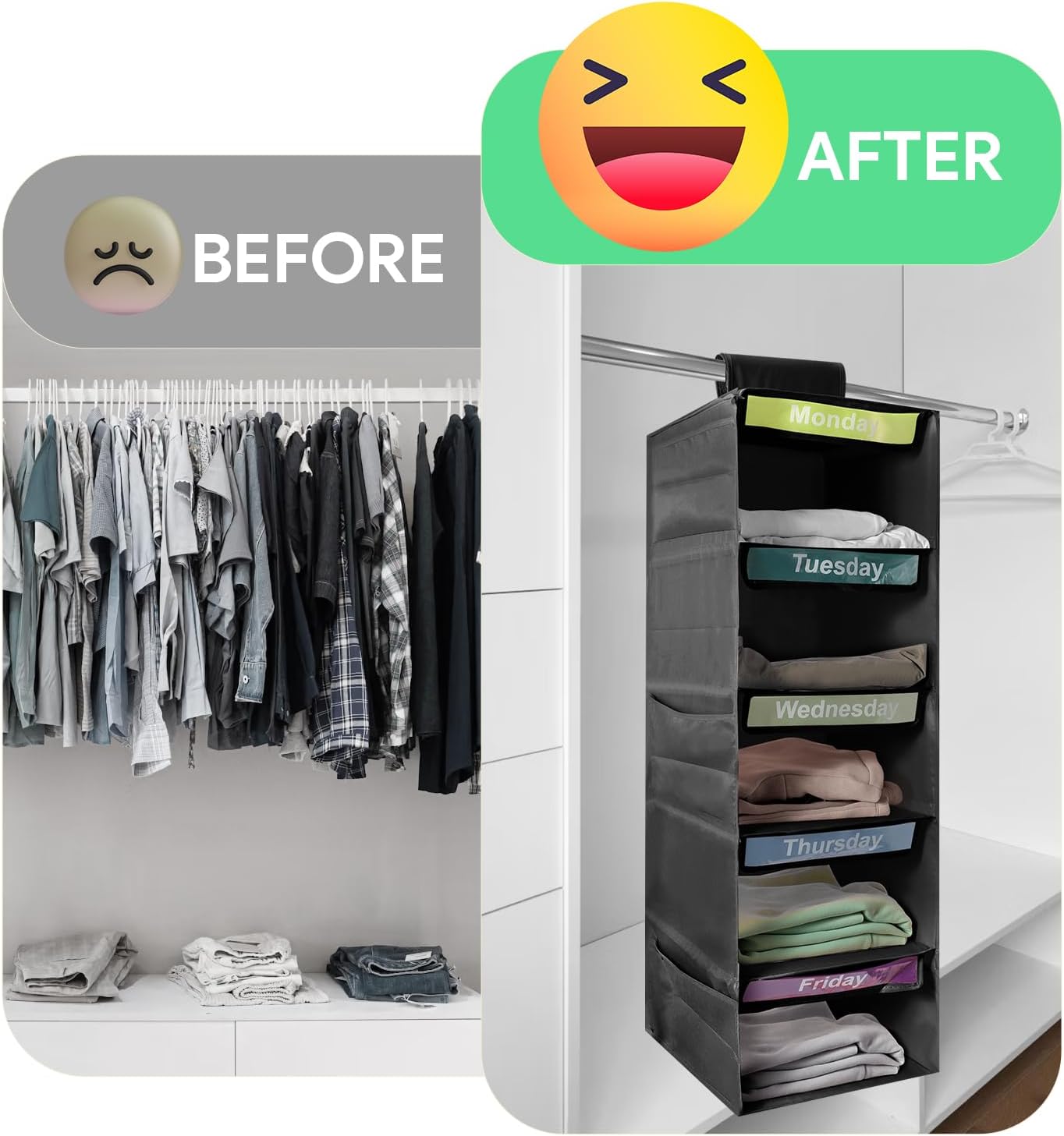5-Shelf Weekly Clothes Organizer for Kids Days of The Week Hanging Storage Shelves Dorm Room Essential Daily Shelf Hanging Closet Organizer with 6 Side Pockets…