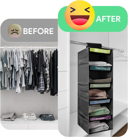 5-Shelf Weekly Clothes Organizer for Kids Days of The Week Hanging Storage Shelves Dorm Room Essential Daily Shelf Hanging Closet Organizer with 6 Side Pockets…