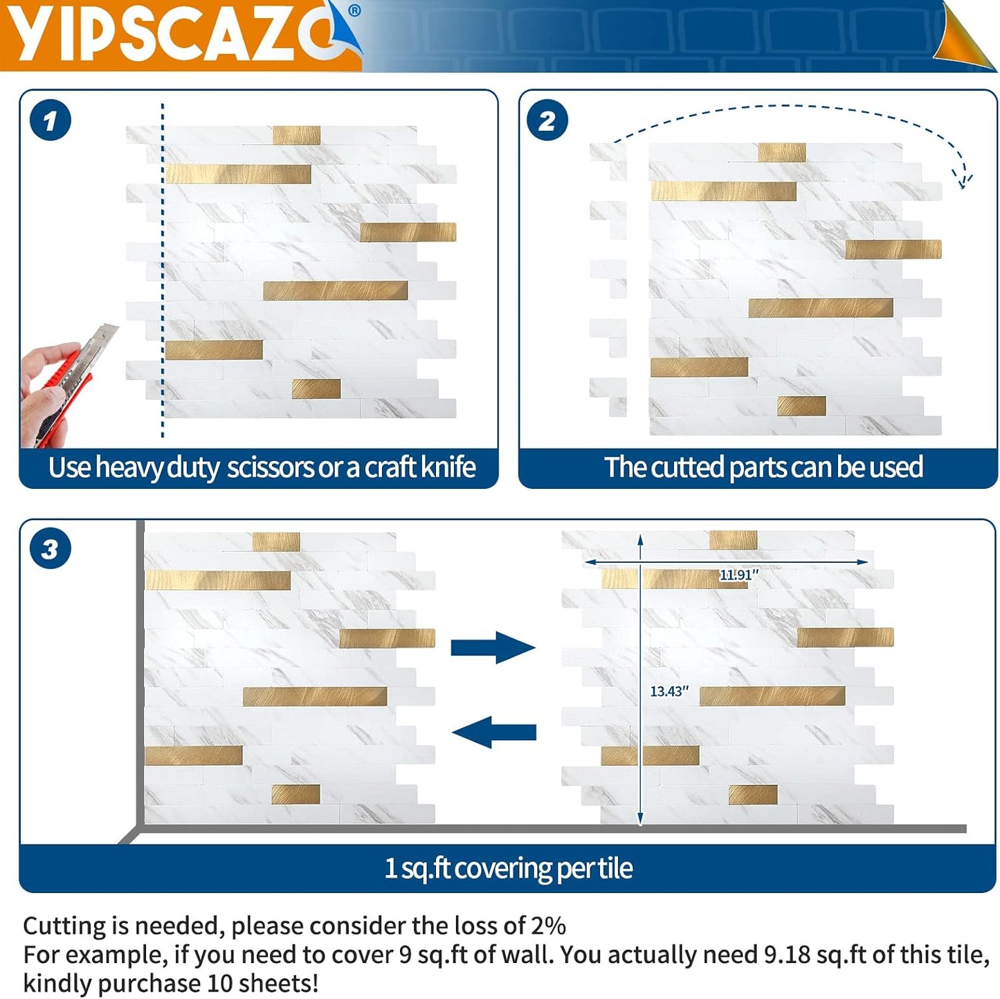 Yipscazo 2026 New Upgrade 11.34" X 11.57" Peel and Stick Backsplash, Stick on Backsplash Tiles for Kitchen, Bathroom, Fireplace (10 Sheets, Beige Rocks + Rose Gold)