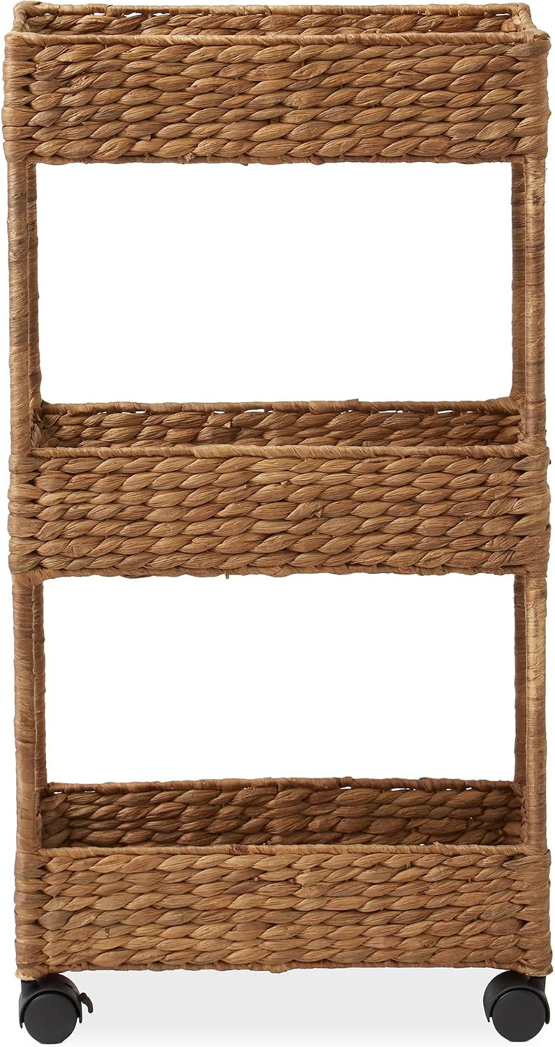 Casafield 3-Tier Rolling Storage Cart - Natural, Water Hyacinth Nursery Caddy, Utility Cart for Bathroom, Craft Room, Laundry Room Organization