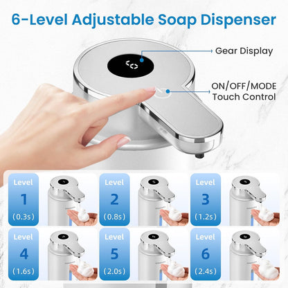 Automatic Foaming Soap Dispenser Touchless, 15oz/420ml USB-C Rechargeable Hand Soap Dispenser, 6-Level Adjustable Foam, IPX5 Waterproof, Wall Mount or Countertop for Bathroom Kitchen, Silver