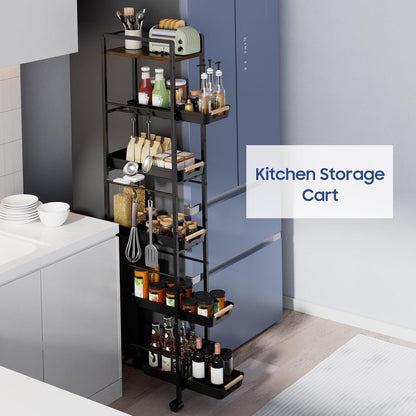 6 Tier Slim Storage Cart with Pull-Out Baskets Rolling Cart with Wheels Wood Top Narrow Utility Cart Metal Shelving Units for Pantry Laundry Room Bathroom Kitchen White 8in(W)