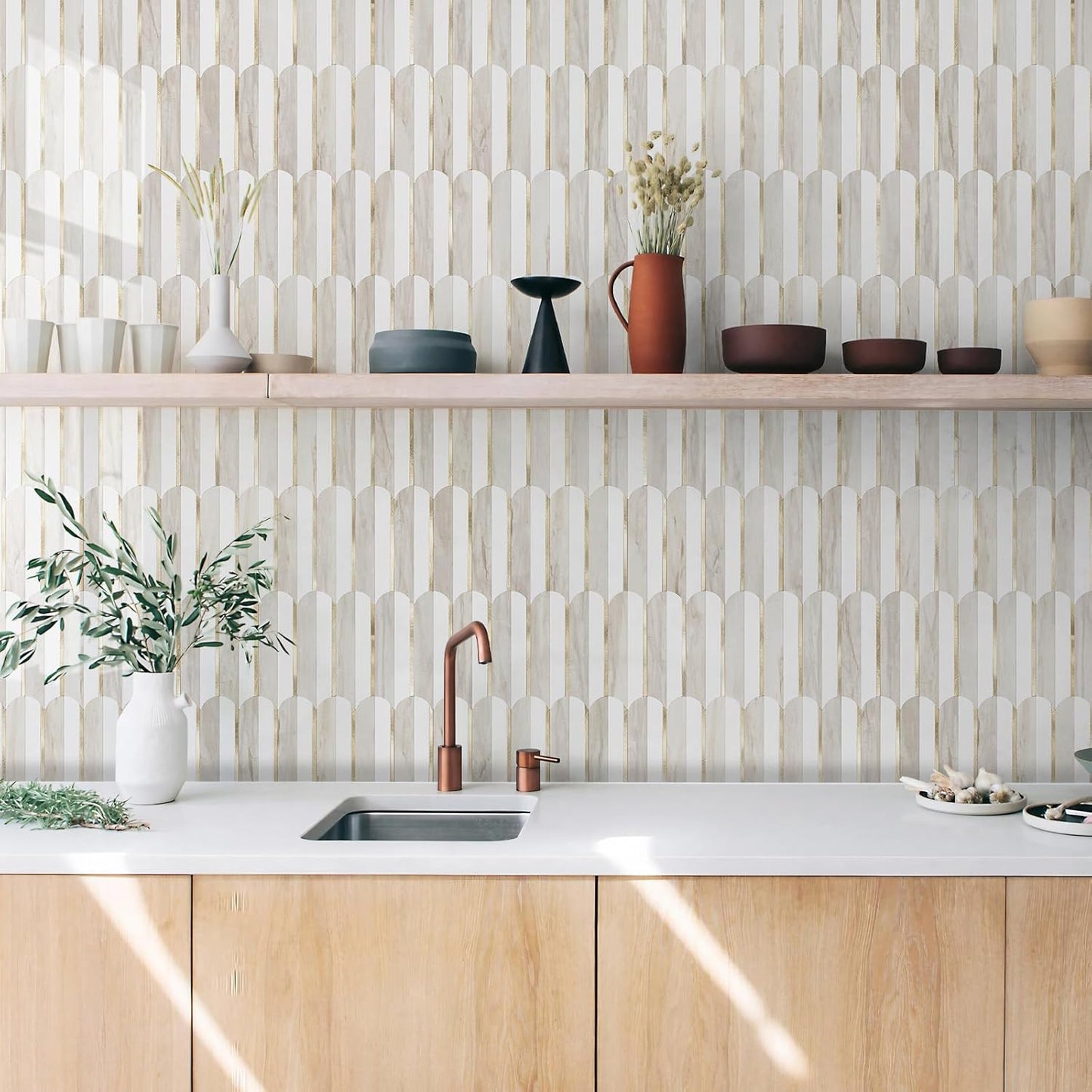 Vamos Peel and Stick Backsplash Seamless Tile for Kitchen and Bathroom,White and Beige Slate PVC Mixed Light Gold Self Adhesive Fish Scale Metal Mosaic Tiles (10 Sheets)