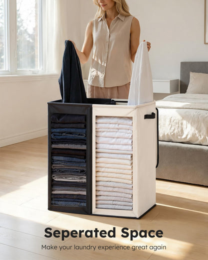 SOLEDI Luxury Double Laundry Hamper with Lid and Removable Bags, 38.3 Gal Large Laundry Bin, Laundry Basket 2 Sections, Collapsible Clothes Hamper for Bedroom, Laundry Room, Bathroom, Off-white
