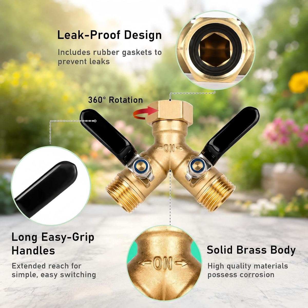 Brass Hose Splitter 2 Way, Heavy Duty Garden Hose Splitter with Shut Off Valves, Y Connector Hose Adapter, No Leak, Includes Washers & Teflon Tape – Dalmbox