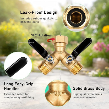 Brass Hose Splitter 2 Way, Heavy Duty Garden Hose Splitter with Shut Off Valves, Y Connector Hose Adapter, No Leak, Includes Washers & Teflon Tape – Dalmbox