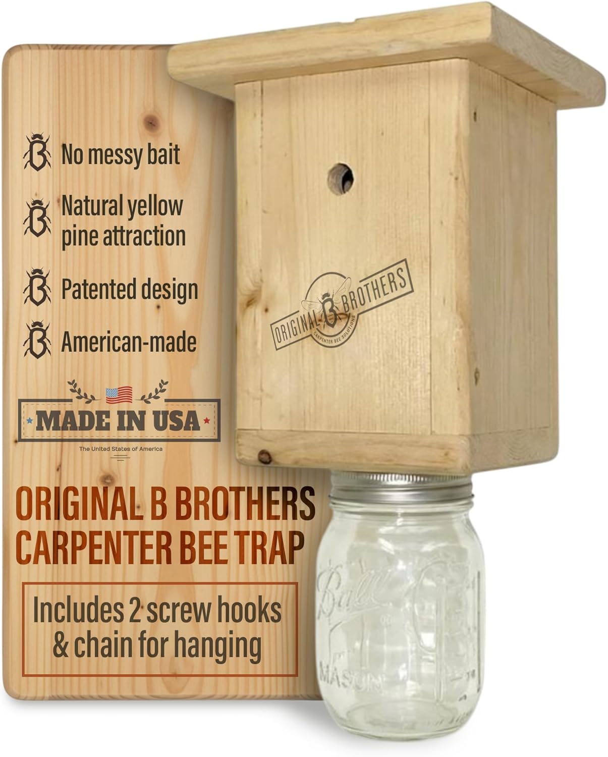 Wooden Carpenter Bee Catchers for Hanging Outdoor Traps Kit - Pack of 2 | Carpenter Bee Traps for Home, Yard, Garden, House with Hanging Kit, Carpenter Bees Natural Wooden Catcher Device Outside