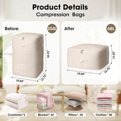 4 Pack Comforter Storage Bag, 68L Blanket Storage Bags Self Compression Comforter Organizer and Storages, Space Saving Washable Compression Bags for Blanket Bedding Pillow Duvet Quilt, Beige