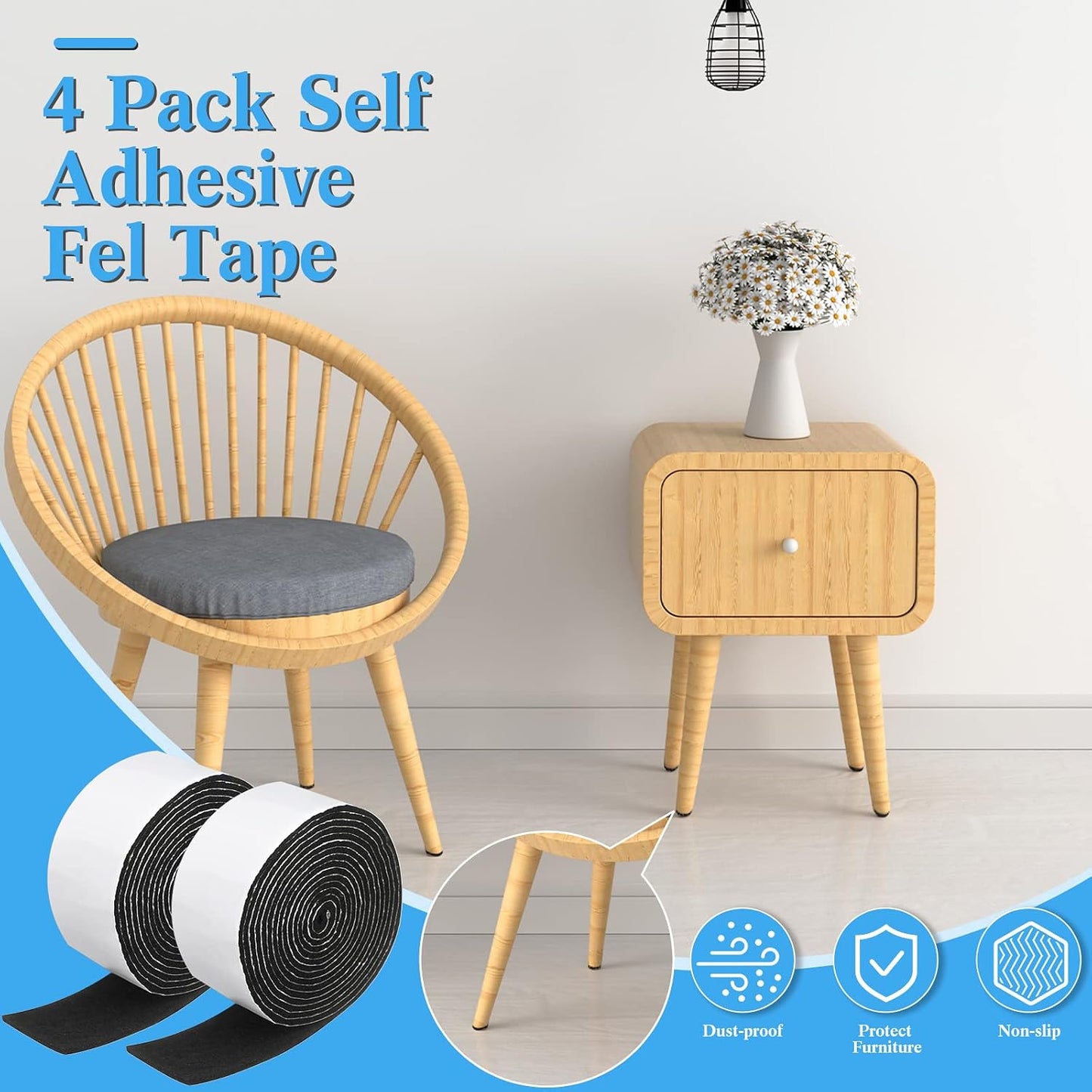 Zonon 4 Rolls 120 Inch Felt Strip with Adhesive Backing Felt Tapes Furniture Strip Rolls Self Stick Heavy Duty Polyester for Protecting Furniture and DIY Adhesive(Black,0.5 Inch)