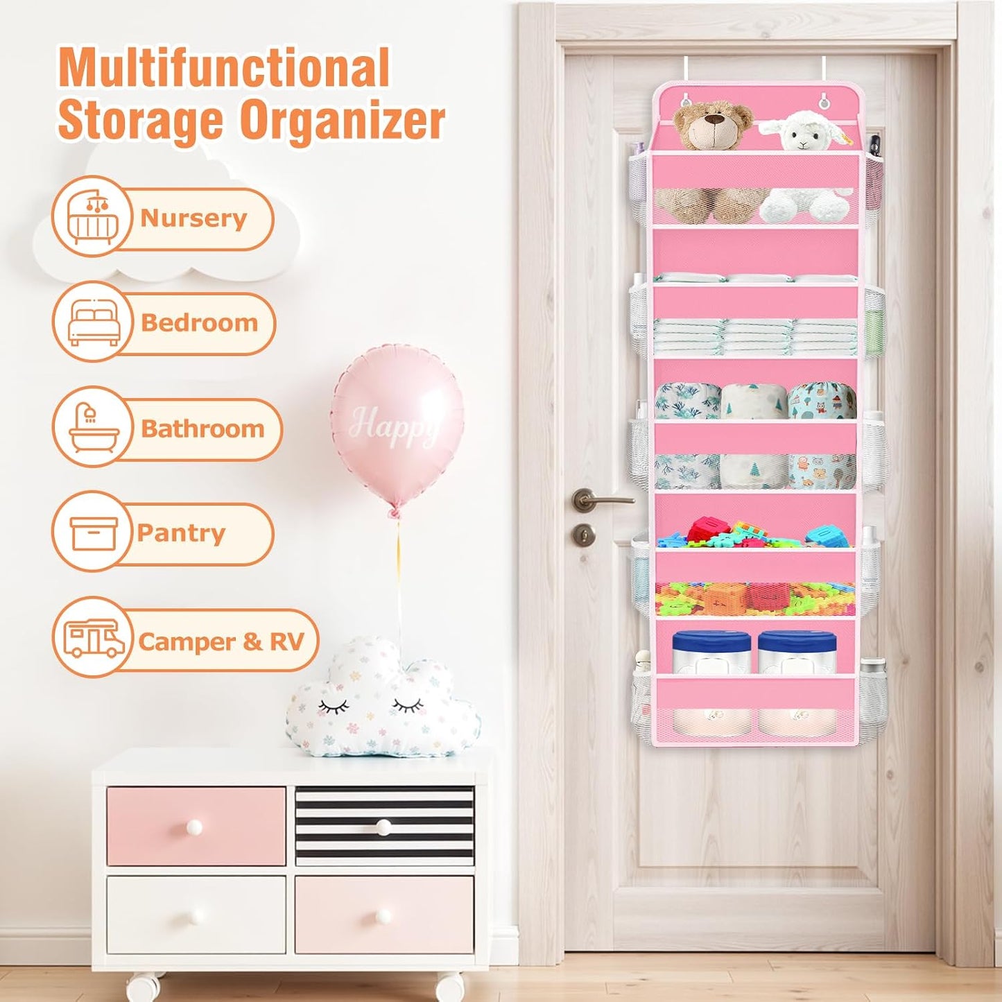WISELIFE Over The Door Organizer Storage 4 Shelves Large Capacity Hanging Bedroom Storage Solution with 6 Side Pockets for Dorm Bathroom Pantry Nursery and Baby Essentials Holds up to 40 Lbs (Black)