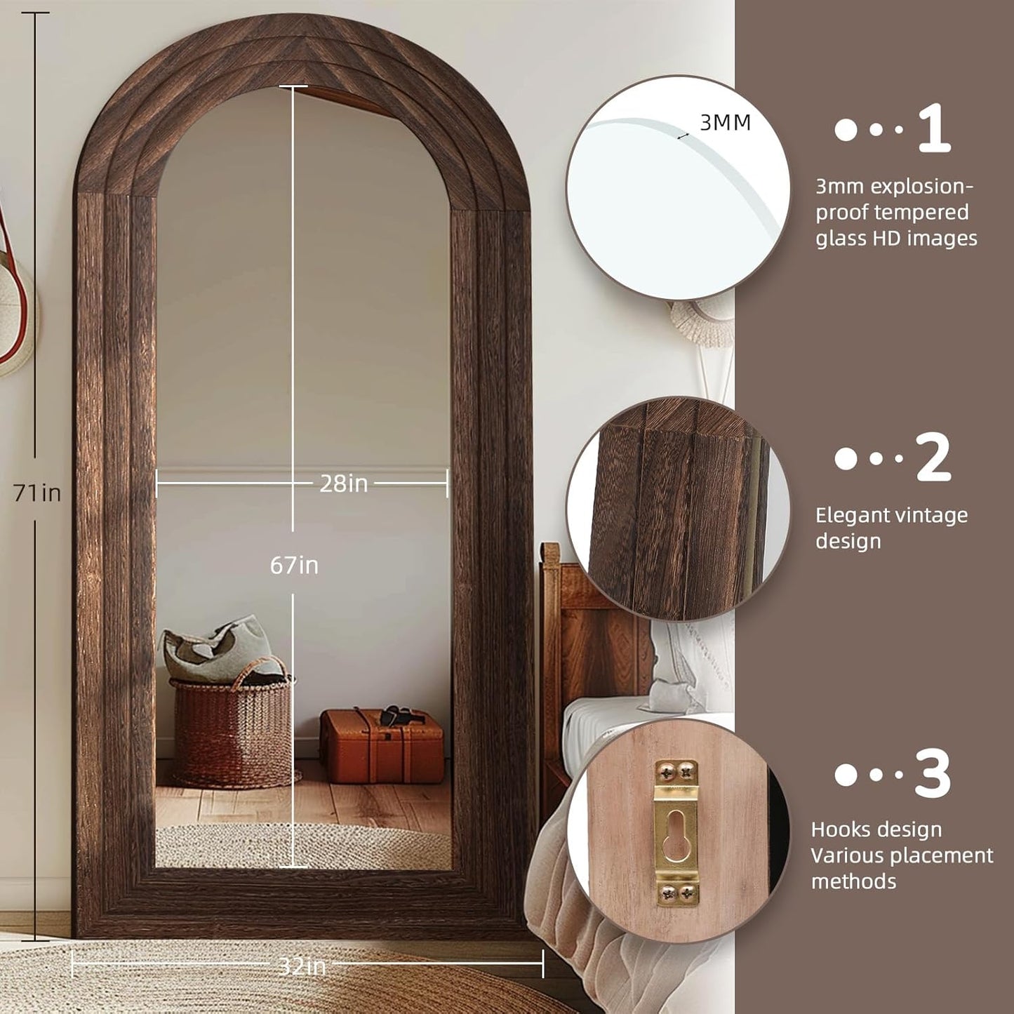 ZHUNFA Arched Full Length Mirror with Solid Wood Frame | 65x22 Farmhouse Wall Mirror Full Length with Stand, Vertical Hanging, Leaning Standing for Bedroom,Living Room, Rustic White