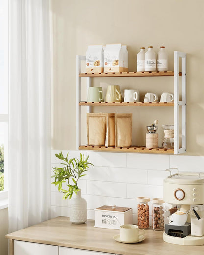 SONGMICS Bamboo Rolling Cart, 3-Tier Utility Cart on Wheels, Slim Narrow Storage Shelf, Bamboo Shelves, Space-Saving, Multifunctional, for Bathroom, Kitchen, White and Natural UBCB083N02