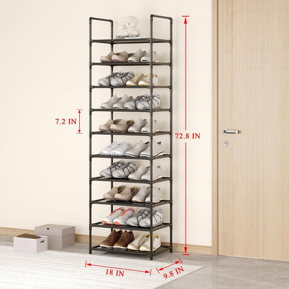 Small Shoe Rack 6-8 Pairs Sturdy Shoe Shelf 4-Tiers Narrow Stackable Shoe Organizer,Lightweight Kids Shoe Racks for Entryway, Doorway and Closet（Black）