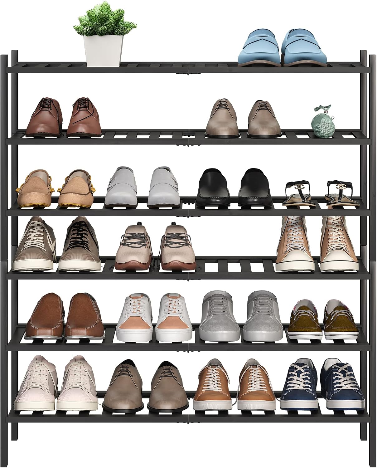 BMOSU 2-Tier Bamboo Small Shoe Rack Premium Stackable Shoe Shelf Storage Organizer for Hallway Closet Living Room Entryway Organizer (Black Bamboo)
