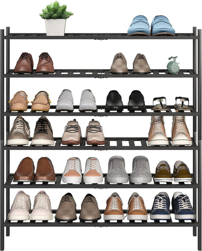 BMOSU 2-Tier Bamboo Small Shoe Rack Premium Stackable Shoe Shelf Storage Organizer for Hallway Closet Living Room Entryway Organizer (Black Bamboo)