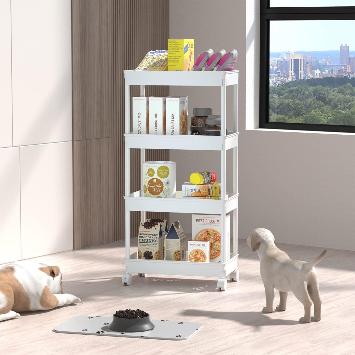 Sooyee 3 Tier Rolling Cart with Wheels, Slim Storage Cart, Under Desk Narrow Rolling Utility Cart Storage Organizer for Office Bathroom Kitchen Laundry Room Narrow Places, White, Plastic and Metal