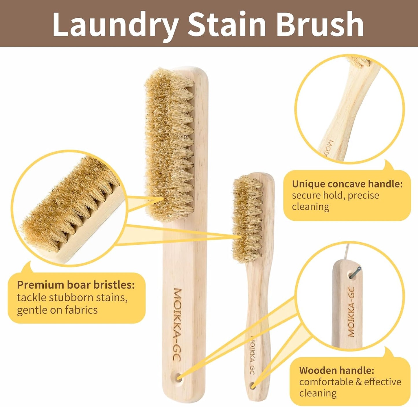 Wood Laundry Stain Brush with Boar Bristle, Tough Stain Remover for Delicate Fabric, Cotton, Linens, and Shoes, Laundry Scrub Brush for Fresh and Clean Fabric