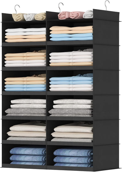 Lifewit Dual-Row Shelf Hanging Closet Organizer and Storage, Clothes Shelves with 3 Sturdy Hooks for Clothing Organization, Foldable Container Hold Up to 24 Sweaters, 4 Tier 8 Sections, Gray
