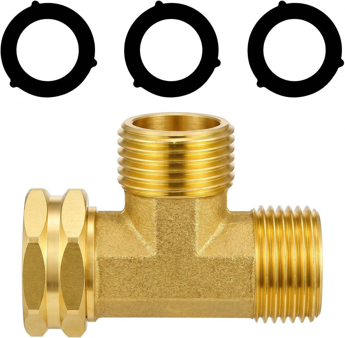Garden Hose Tee Adapter, Brass Tee Fitting 3/4" GHT Swivel Female x Male x Male Water Pipe Connector Heavy Duty 3 Way Splitter T Shaped Adapter for Outdoor Faucet Hose Bib Drip Irrigation