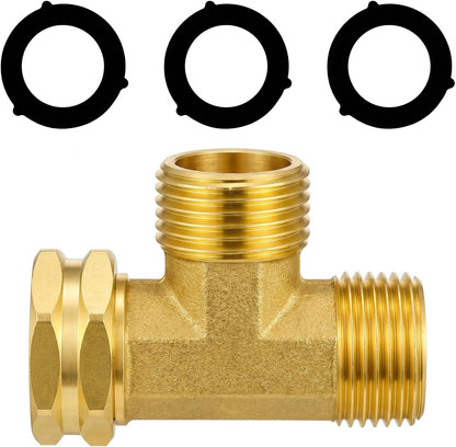 Garden Hose Tee Adapter, Brass Tee Fitting 3/4" GHT Swivel Female x Male x Male Water Pipe Connector Heavy Duty 3 Way Splitter T Shaped Adapter for Outdoor Faucet Hose Bib Drip Irrigation