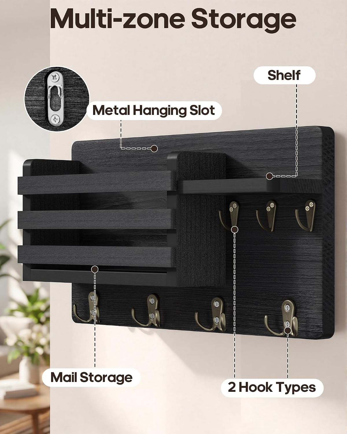Key Holder Wall Mount, 16 Inch Pre-Assembled Key Hooks Rack with Shelf & Mail Holder for Wall, Wood Walls Organizer for Entryway, Living Room, Black