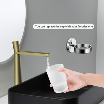 Bathroom Toothbrush Holders Set - Wall Mounted Tooth Brush Holder with Glass Toothpaste Cup, Stainless Steel Toothbrush Caddy Storage for Kids & Adult (Single)