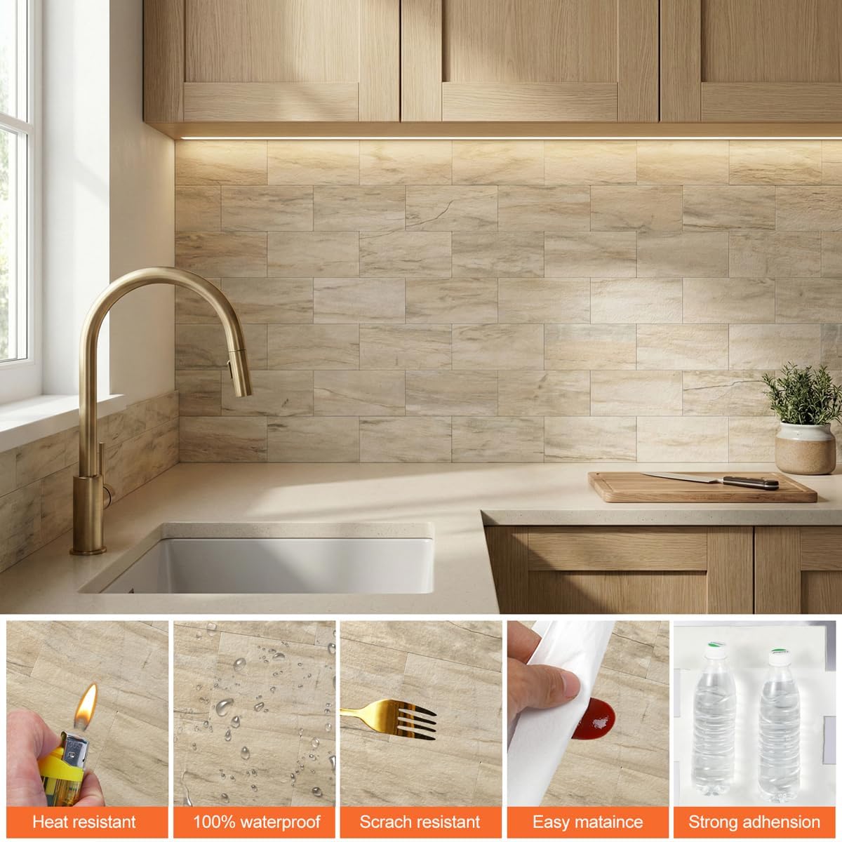 10- Sheet Polished White Peel and Stick Backsplash, 12’’Luxury PVC Ceramic Look Self Stick Subway Tiles, Waterproof Peel and Stick Wall Tiles for Kitchen and Bathrrom