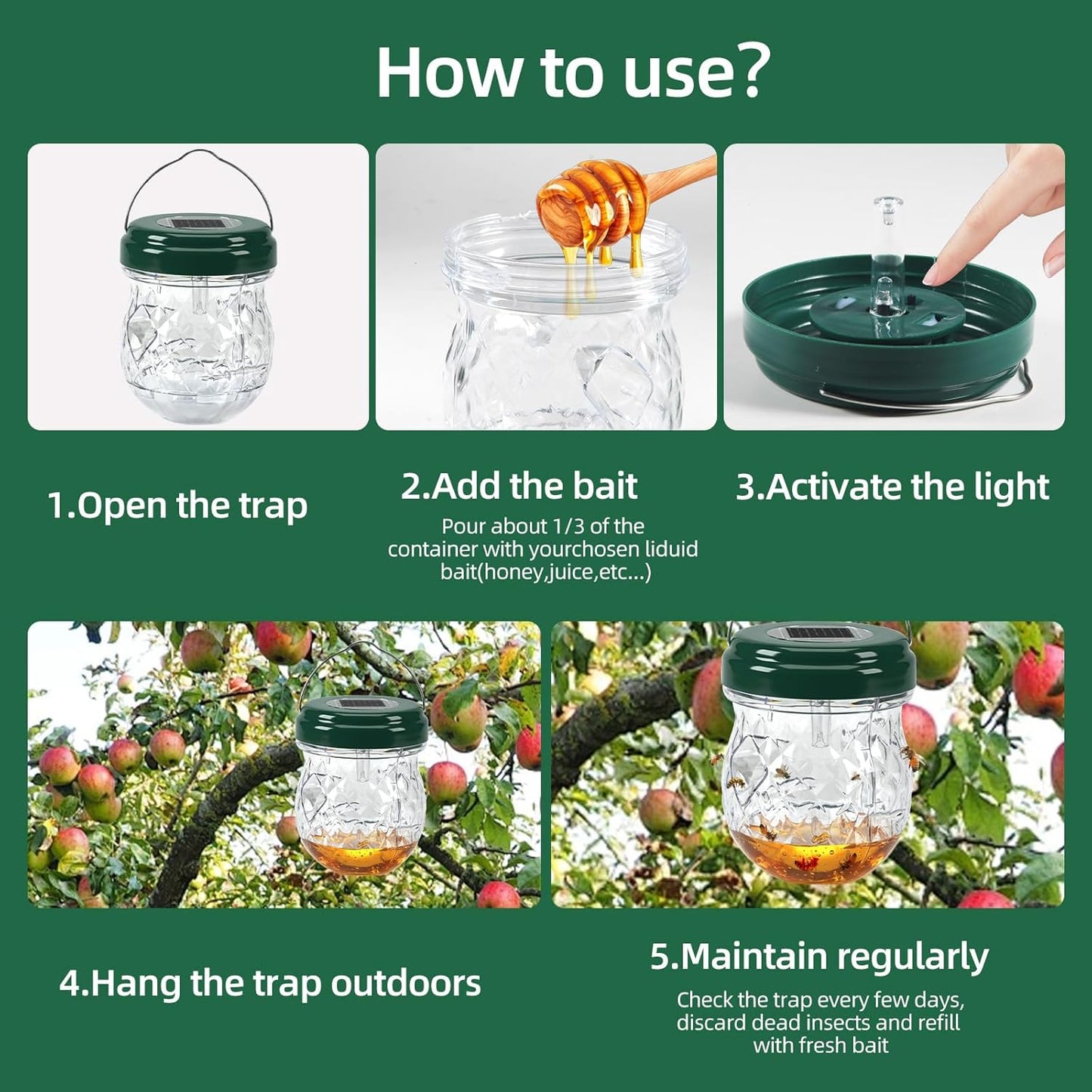 2026 Solar Wasp Traps Outdoor Hanging, Reusable Yellow Jacket Traps with LED Light, IP65 Waterproof Hornet Trap & Wasp Catcher for Outside Patio Garden Patio Backyard Camping (4 Pack)