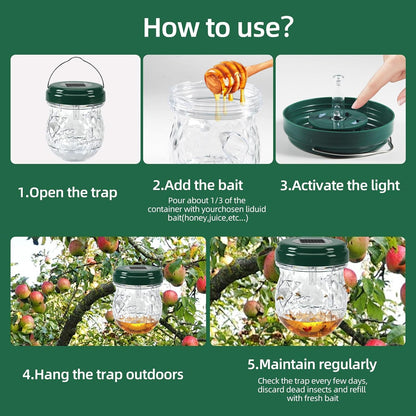 2026 Solar Wasp Traps Outdoor Hanging, Reusable Yellow Jacket Traps with LED Light, IP65 Waterproof Hornet Trap & Wasp Catcher for Outside Patio Garden Patio Backyard Camping (4 Pack)