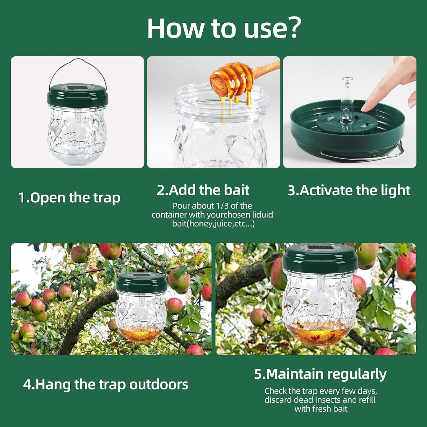 2026 Solar Wasp Traps Outdoor Hanging 4 Pack - Reusable Yellow Jacket Trap & Bee Catcher with LED Light, IP65 Waterproof Hornet & Fly Deterrent for Patio, Porch, Backyard Defense