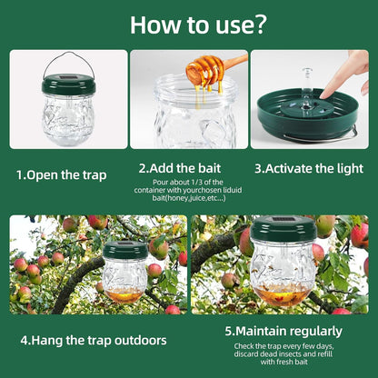 2026 Solar Wasp Traps Outdoor Hanging 4 Pack - Reusable Yellow Jacket Trap & Bee Catcher with LED Light, IP65 Waterproof Hornet & Fly Deterrent for Patio, Porch, Backyard Defense
