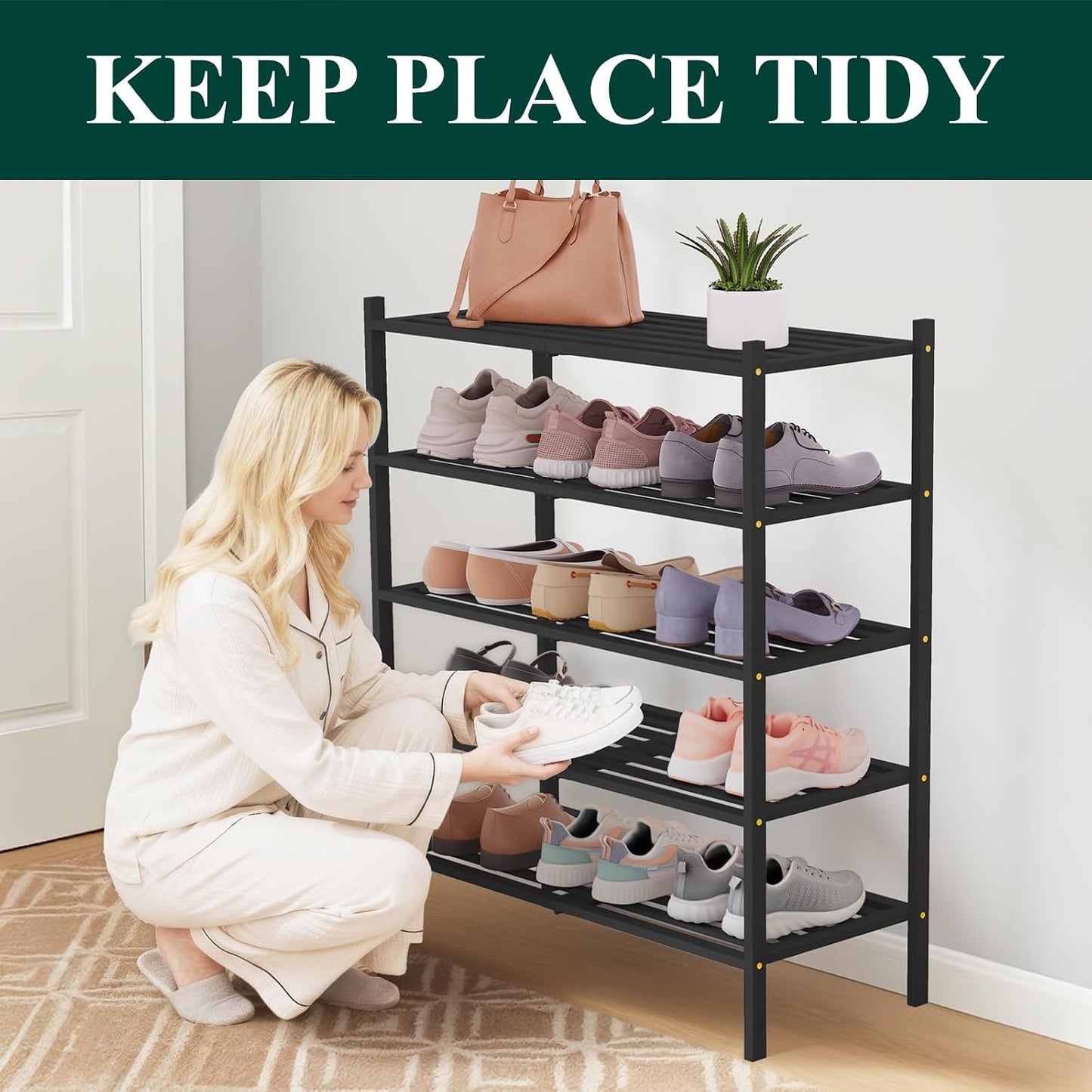 Smiry Bamboo Shoe Rack, 3 Tier Free Standing Wooden Shoe Organizer, Stackable Wood Shoe Storage Shelf for Closet, Entryway, 5 Horizontal Slats, 26.8"x11"x18.3", Natural