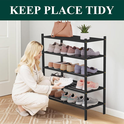 Smiry Bamboo Shoe Rack, 3 Tier Free Standing Wooden Shoe Organizer, Stackable Wood Shoe Storage Shelf for Closet, Entryway, 5 Horizontal Slats, 26.8"x11"x18.3", Natural