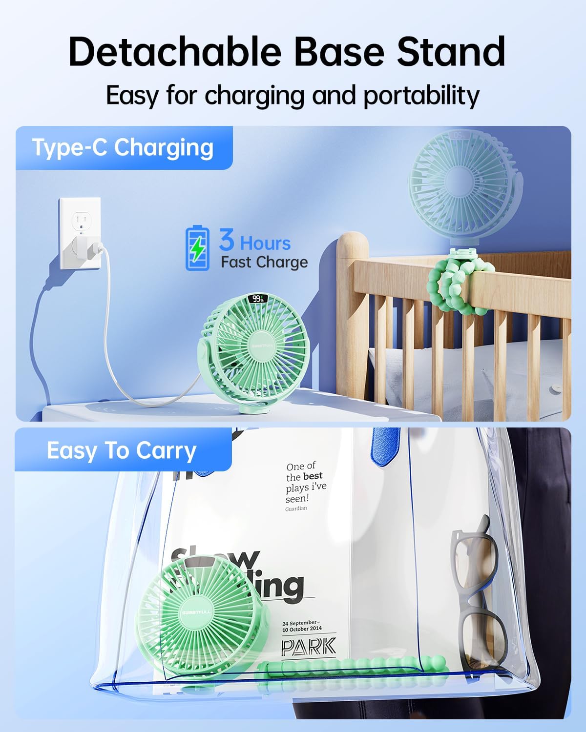 SWEETFULL [2026 Upgrade Portable Stroller Fan with LED Display, 4 Speed Rechargeable Mini Clip On Fan, 360° Rotate Flexible Tripod Better Cooling Small Baby Fan for Car Seat Crib Travel Treadmill