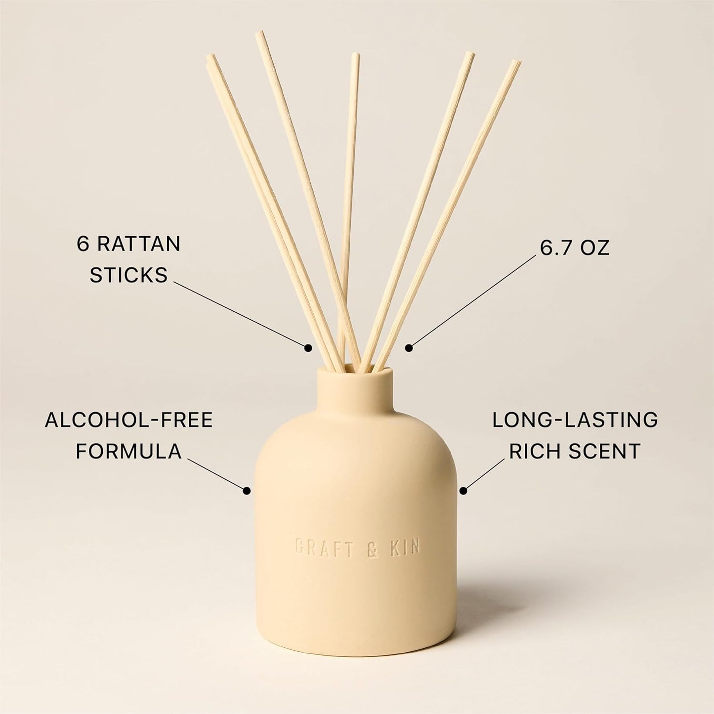 Craft & Kin Reed Diffuser for Home & Bathroom – Neroli & Jasmine Holiday Reed Diffuser Set with Fragrance Sticks, Long-Lasting Alcohol-Free Winter Scent, Earthenware Collection, 6.7oz