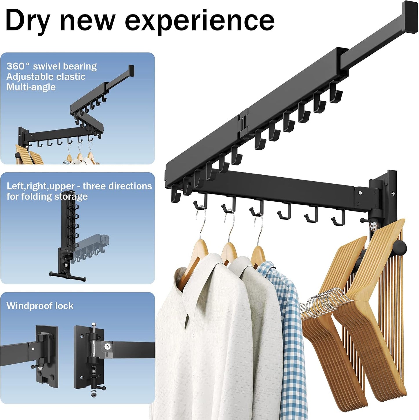LIENAHU Wall Mounted Clothes Drying Rack, Collapsible, Folding, Retractable - Clothes Hanging Rack (Hooks, White)