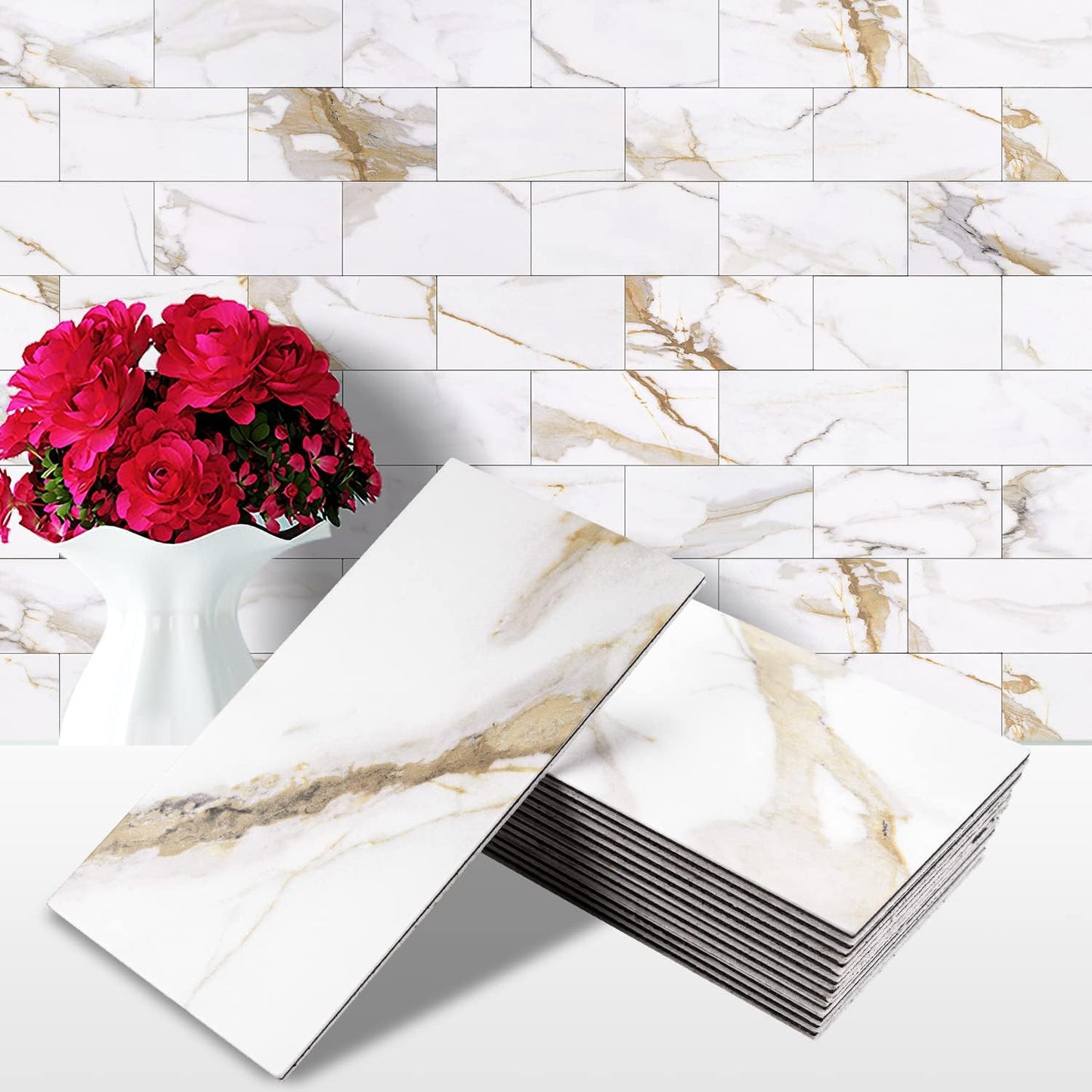 STICKGOO 100-Pieces Peel and Stick Backsplash, 3" x 6" PVC Wall Tile, Marble White Stick on Backsplash for Kitchen/Bathroom/Fireplace