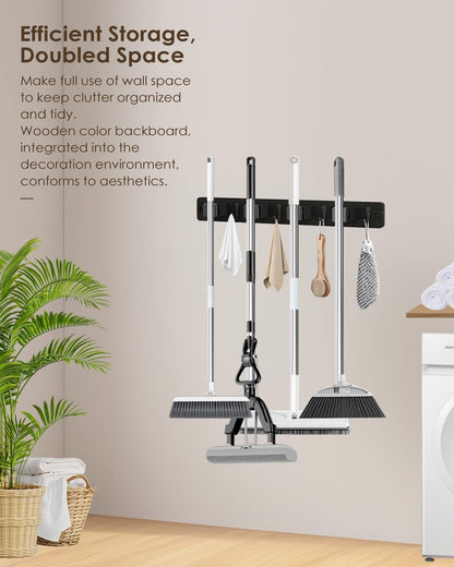 AceMining Broom Holder Wall Mounted, White 4 Holders and 4 Hooks Mop Holder, Wooden Mop and Broom Holder with Anti slip rubber, Natural pine wood Brush Holder, Mop Wall Holde with Nail installation