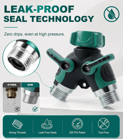 Garden Hose Splitter 2 Way, Heavy Duty Metal Water Hose Y Splitter with Shut Off Valves - 3/4" GHT Outdoor Faucet Spigot Bib Splitter for Irrigation Systems, Garden, Lawn, RV & Pet Bathing