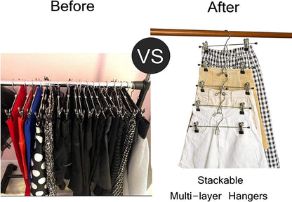 Amber Home 12 Pack Heavy Duty Add on Metal Pants Skirt Hangers, Stackable Add-on Metal Clothes Hangers with 2-Adjustable Clips, Cascading Clip Hangers Space Saving for Jeans, Slacks