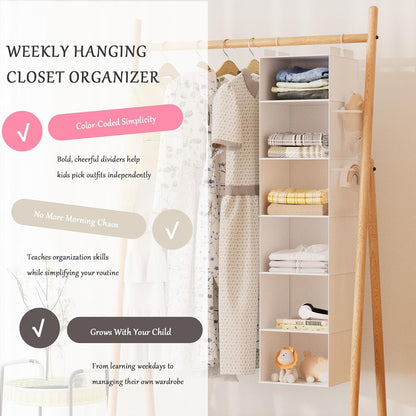 Weekly Hanging Closet Organizer for Kids, 6-Shelf Clothes Storage with Labeled Days of The Week Monday Through Friday, Weekday and Weekend, Days of The Week Clothes Organizer