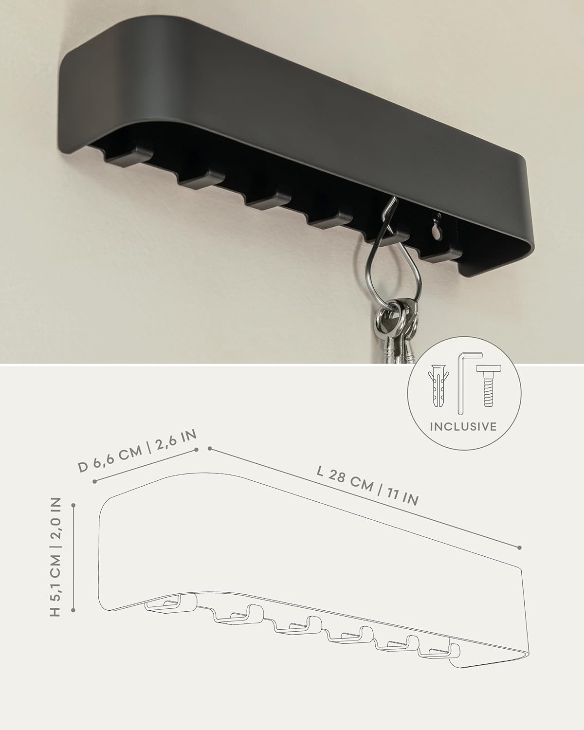 Kazai. Key Holder for Wall 'Tone' | Minimalist Key Hooks Design from Berlin | Modern Key Hanger with Metal Shelf | Key Hook Wall Mounted as Hallway Furniture | Sand Taupe