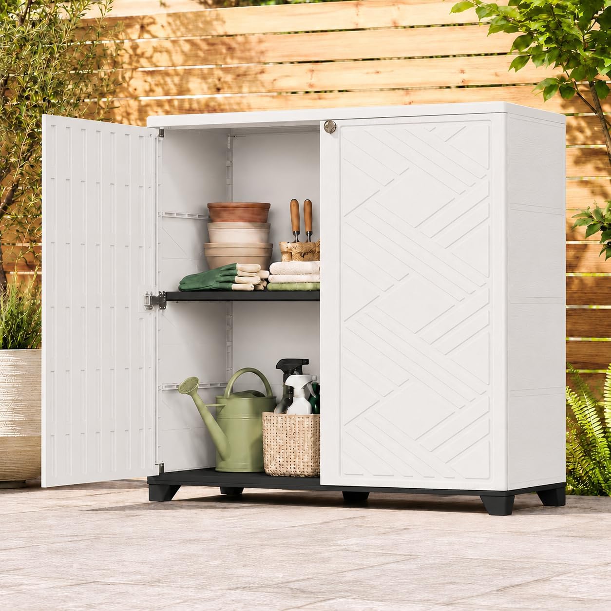 ADDOK Outdoor Storage Cabinet,60 Gallon Waterproof Resin Patio Storage Cabinet with 1 Adjustable Metal Shelf, Upright Outdoor Cabinet for Garden Tools, Pool Supplies, Toys, Porch and Garage