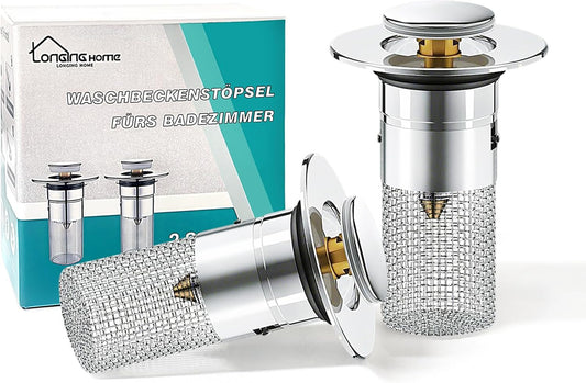 Bathroom Sink Drain Strainer, Pop-Up Sink Stopper Hair Catcher, Anti-Clog with Removable Stainless Steel Filter Basket, Universal for US Standard Drain Stopper Replacement (Silver, 2pcs)