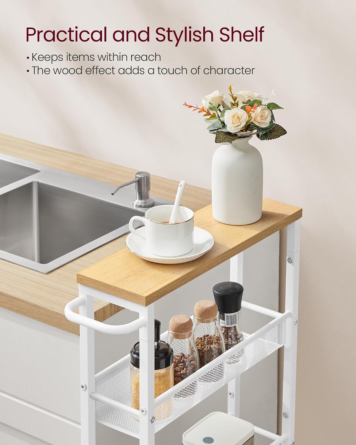 VASAGLE Slim Rolling Cart, 4-Tier Narrow Storage Cart with Handle, 5.1 Inches Deep, Metal Frame, for Kitchen, Dining Room, Living Room, Home Office, Rustic Brown and Classic Black ULRC032B01V1