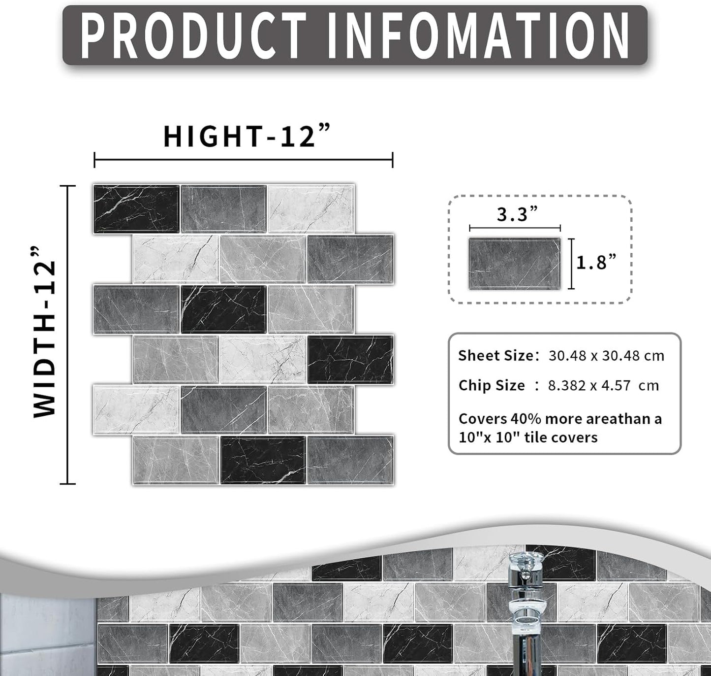 10 Sheets Peel and Stick Backsplash for Kitchen 12"X12" Renter Friendly Backsplash Back Splash Adhesive Subway Wall Tile Flat Vinyl Sticker for Bathroom Grey Marble (Not 3D Tile)