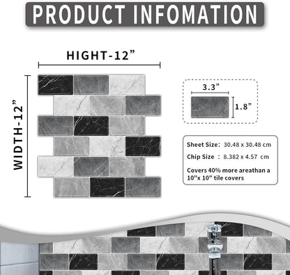 10 Sheets Peel and Stick Backsplash for Kitchen 12"X12" Renter Friendly Backsplash Back Splash Adhesive Subway Wall Tile Flat Vinyl Sticker for Bathroom Grey Marble (Not 3D Tile)