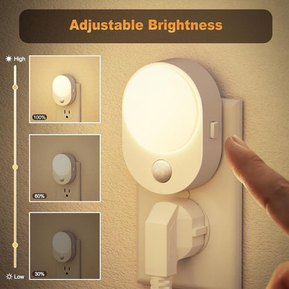 JandCase Motion Sensor Night Light, 2 Pack Motion Activated Night-Lights, 3000K Warm White LED Night Lights Plug into Wall, 30/60LM Adjustable Brightness, for Kids Adults Bathroom Bedroom