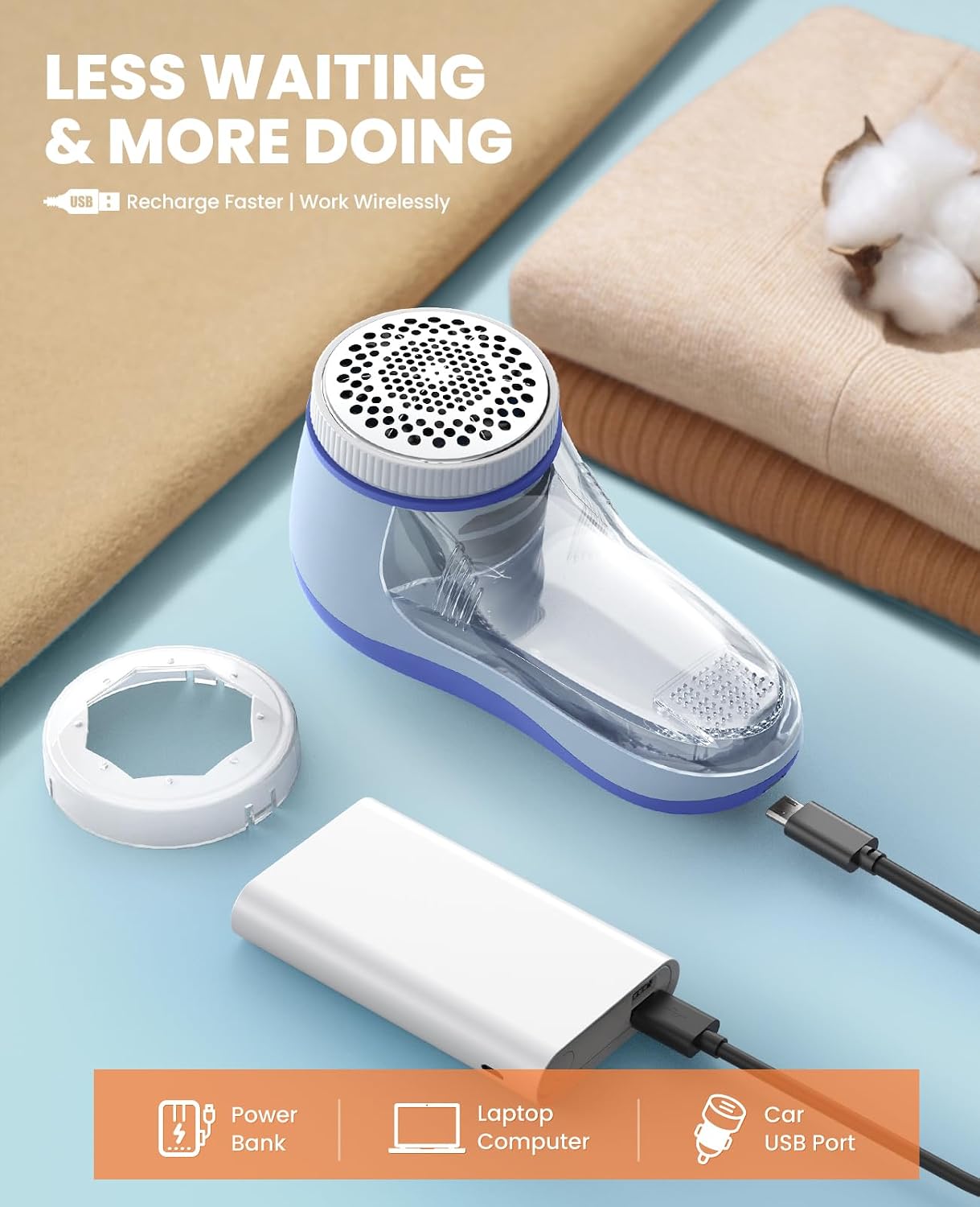 POPCHOSE Fabric Shaver, Lint Shaver for Clothing, Electric Lint Remover with 6-Leaf Blades, Sweater Defuzzer, Clothes Shaver for Couch, Furniture, Blanket, Remove Pilling, USB Rechargeable